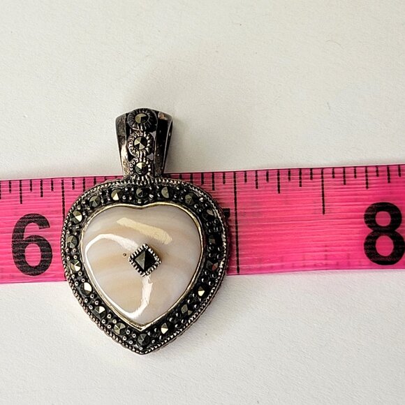 Pink Bezel Set MOP, Sterling Silver Marcasite Heart Pendant - Picture 12 of 16